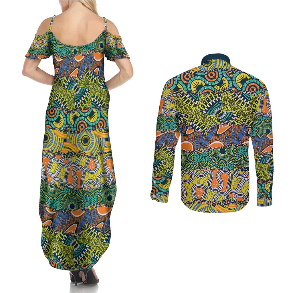 Africa Tribal Mixed Pattern Couples Matching Summer Maxi Dress and Long Sleeve Button Shirt - Wonder Print Shop