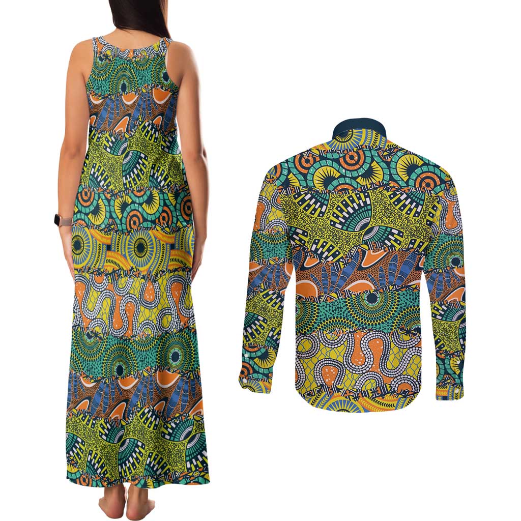 Africa Tribal Mixed Pattern Couples Matching Tank Maxi Dress and Long Sleeve Button Shirt - Wonder Print Shop