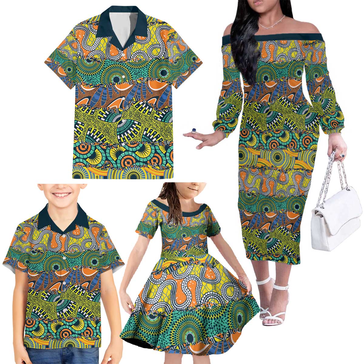 Africa Tribal Mixed Pattern Family Matching Off The Shoulder Long Sleeve Dress and Hawaiian Shirt - Wonder Print Shop