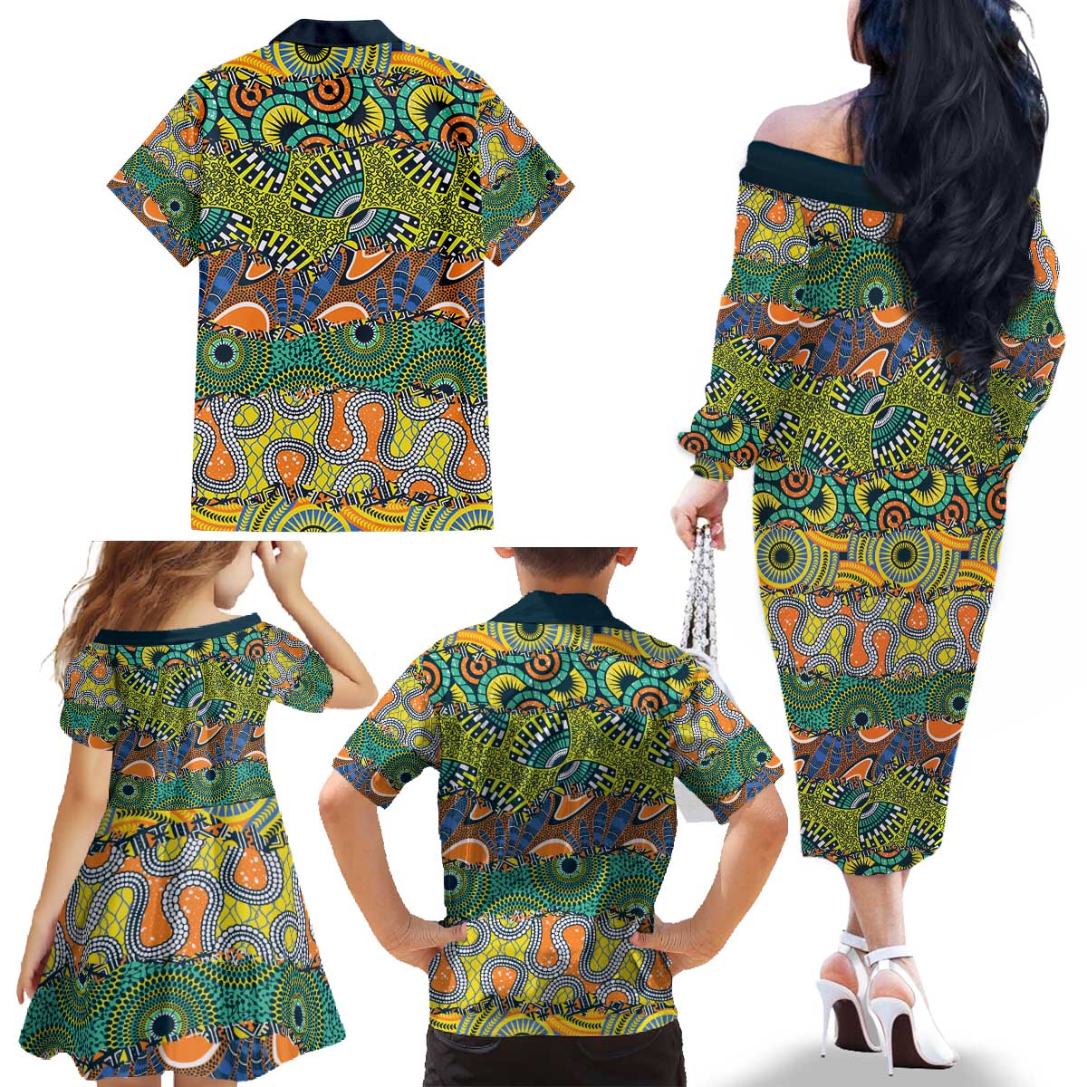 Africa Tribal Mixed Pattern Family Matching Off The Shoulder Long Sleeve Dress and Hawaiian Shirt - Wonder Print Shop