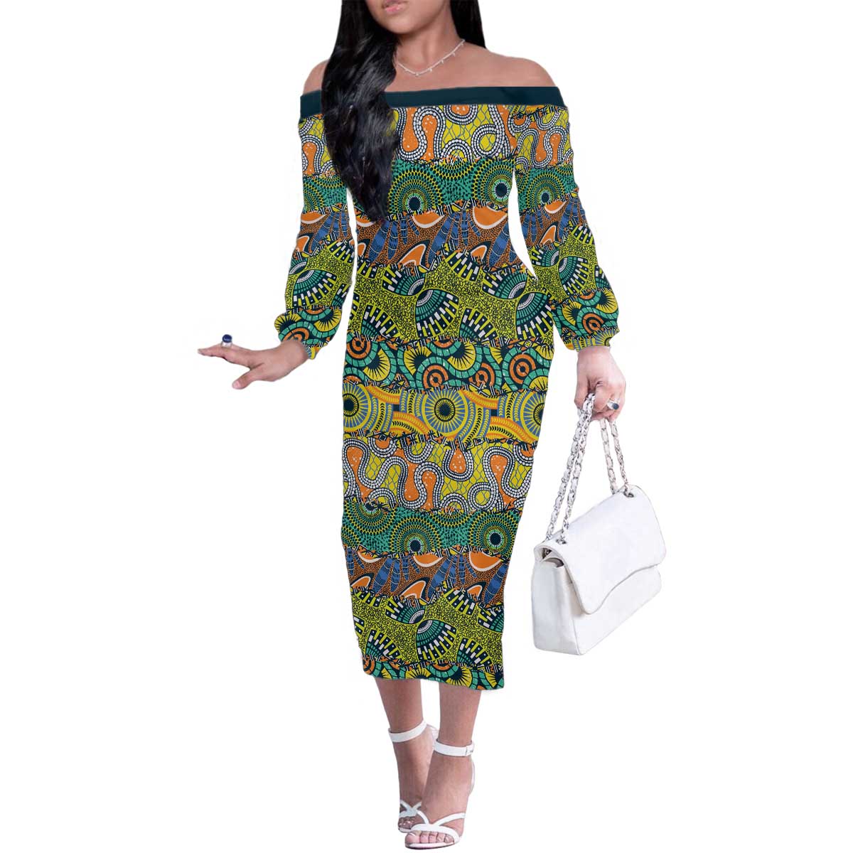 Africa Tribal Mixed Pattern Family Matching Off The Shoulder Long Sleeve Dress and Hawaiian Shirt - Wonder Print Shop