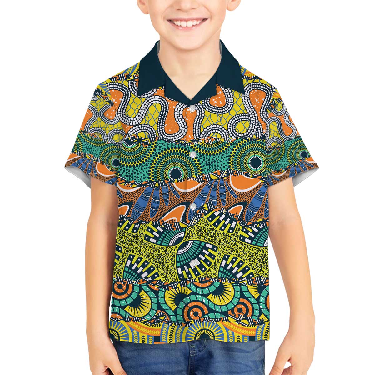 Africa Tribal Mixed Pattern Family Matching Off The Shoulder Long Sleeve Dress and Hawaiian Shirt - Wonder Print Shop