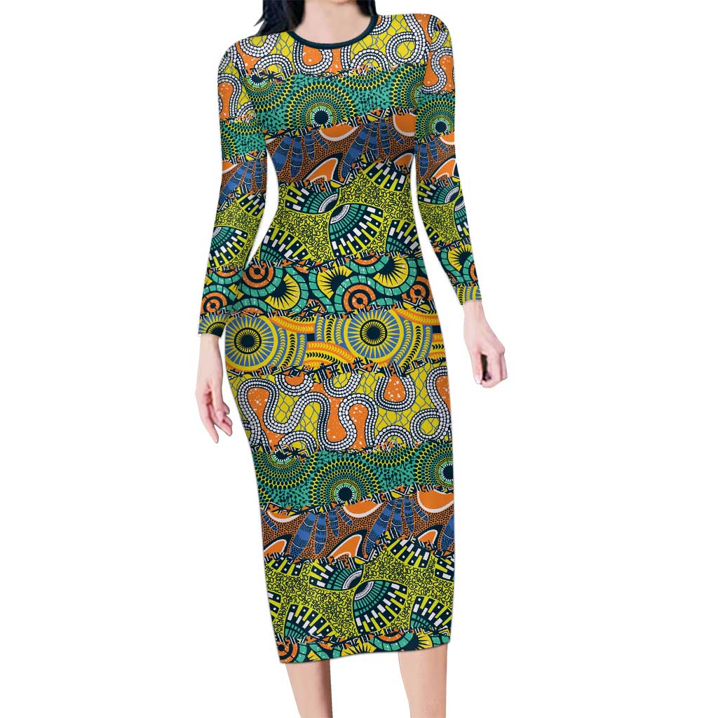 Africa Tribal Mixed Pattern Long Sleeve Bodycon Dress - Wonder Print Shop