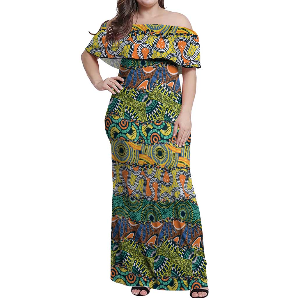 Africa Tribal Mixed Pattern Off Shoulder Maxi Dress - Wonder Print Shop