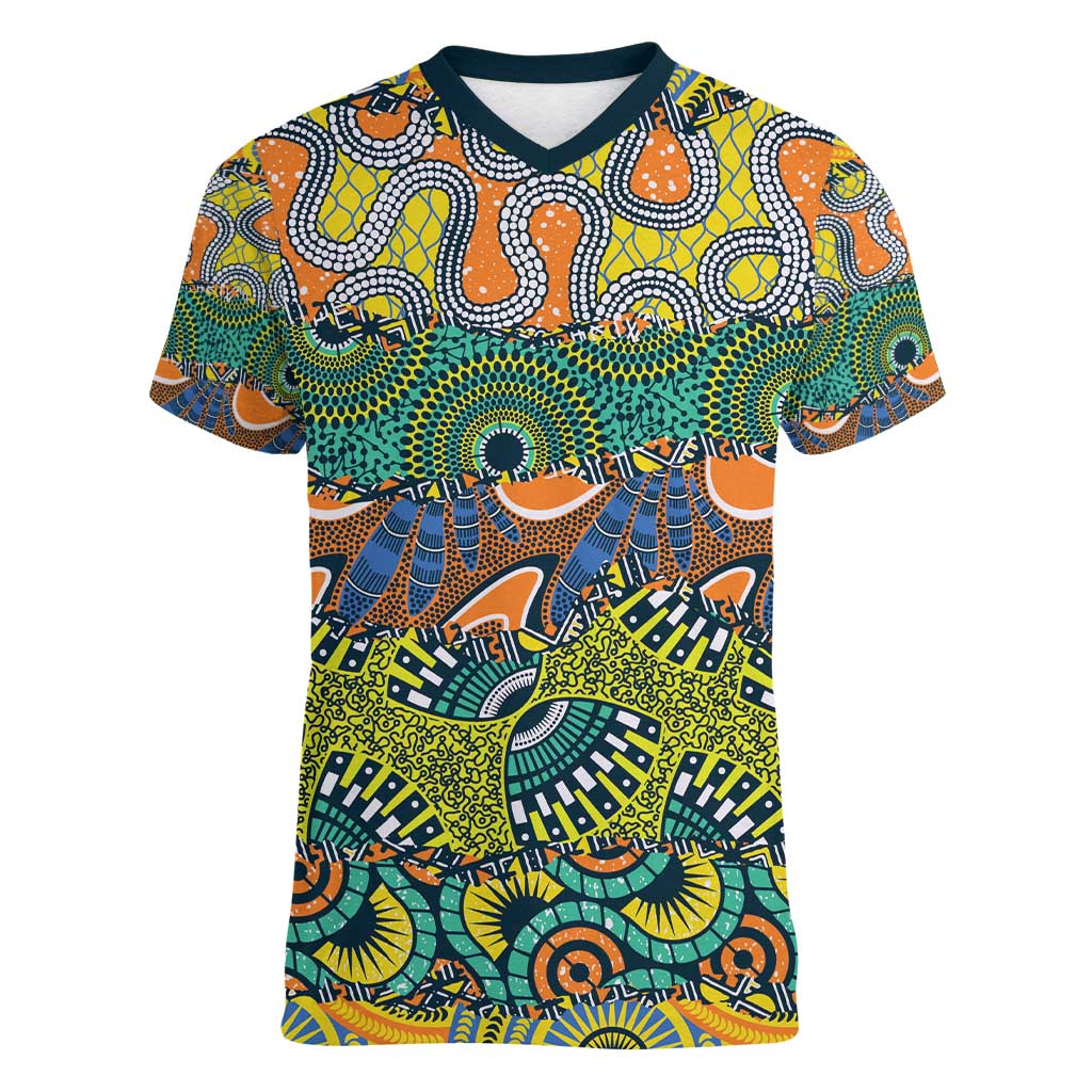 Africa Tribal Mixed Pattern Women V-Neck T-Shirt - Wonder Print Shop