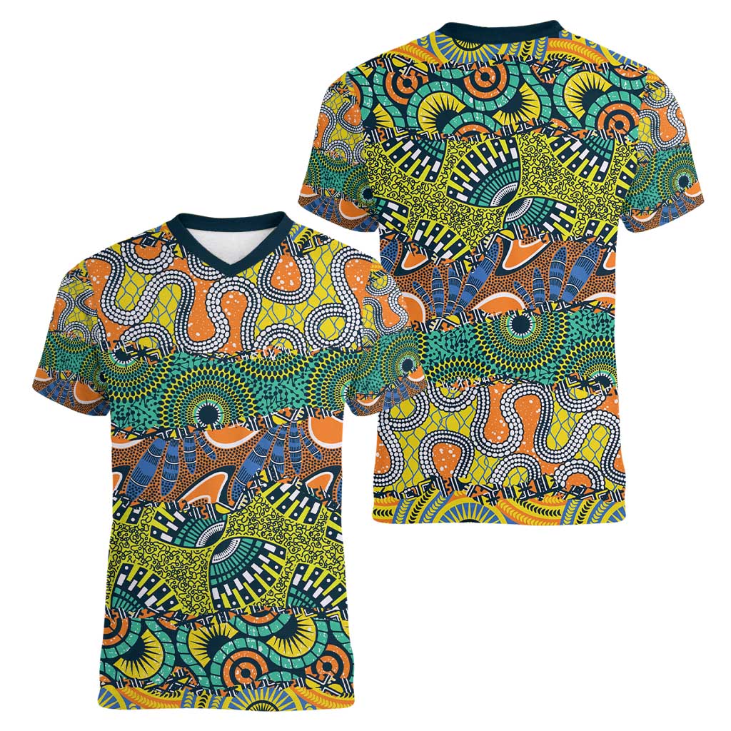 Africa Tribal Mixed Pattern Women V-Neck T-Shirt - Wonder Print Shop