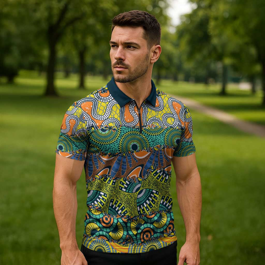 Africa Tribal Mixed Pattern Zipper Polo Shirt - Wonder Print Shop