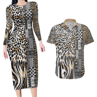 Africa Tribal Pattern Mixed Leopard Skin Couples Matching Long Sleeve Bodycon Dress and Hawaiian Shirt - Wonder Print Shop