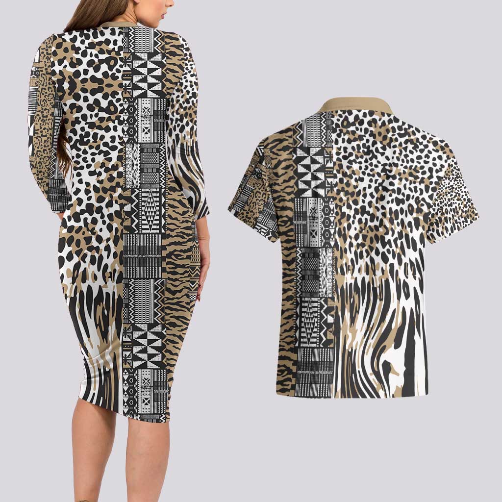 Africa Tribal Pattern Mixed Leopard Skin Couples Matching Long Sleeve Bodycon Dress and Hawaiian Shirt - Wonder Print Shop
