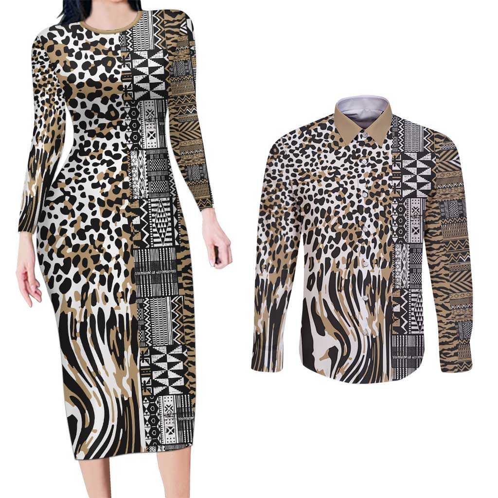 Africa Tribal Pattern Mixed Leopard Skin Couples Matching Long Sleeve Bodycon Dress and Long Sleeve Button Shirt - Wonder Print Shop