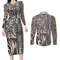 Africa Tribal Pattern Mixed Leopard Skin Couples Matching Long Sleeve Bodycon Dress and Long Sleeve Button Shirt - Wonder Print Shop