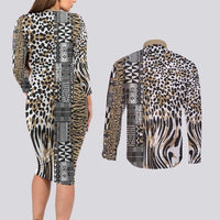Africa Tribal Pattern Mixed Leopard Skin Couples Matching Long Sleeve Bodycon Dress and Long Sleeve Button Shirt - Wonder Print Shop