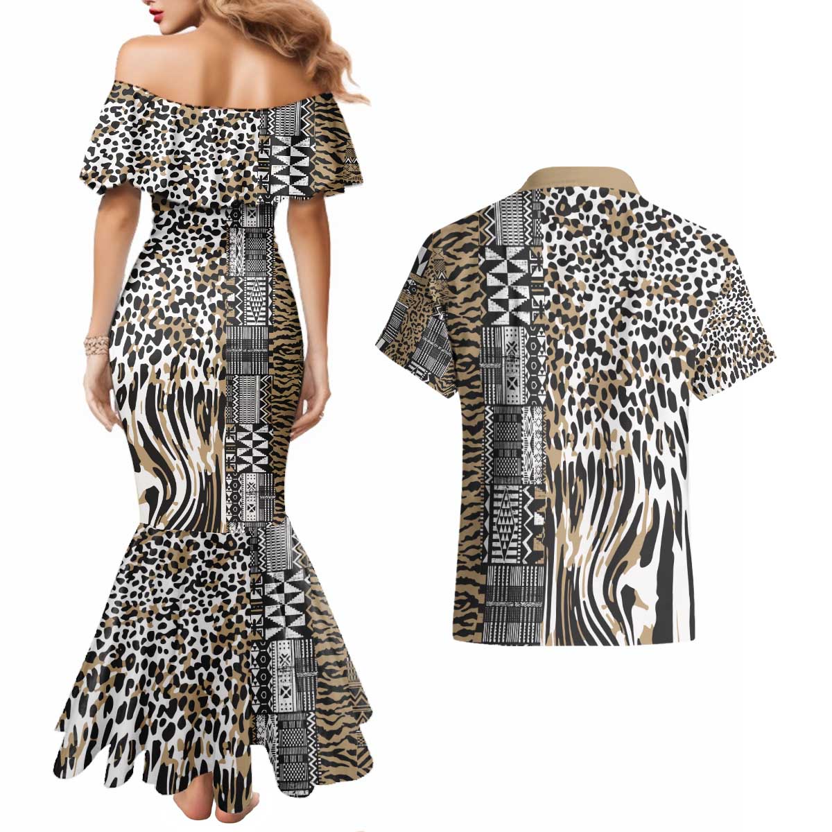 Africa Tribal Pattern Mixed Leopard Skin Couples Matching Mermaid Dress and Hawaiian Shirt - Wonder Print Shop