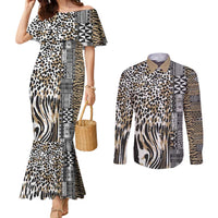 Africa Tribal Pattern Mixed Leopard Skin Couples Matching Mermaid Dress and Long Sleeve Button Shirt - Wonder Print Shop