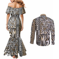Africa Tribal Pattern Mixed Leopard Skin Couples Matching Mermaid Dress and Long Sleeve Button Shirt - Wonder Print Shop