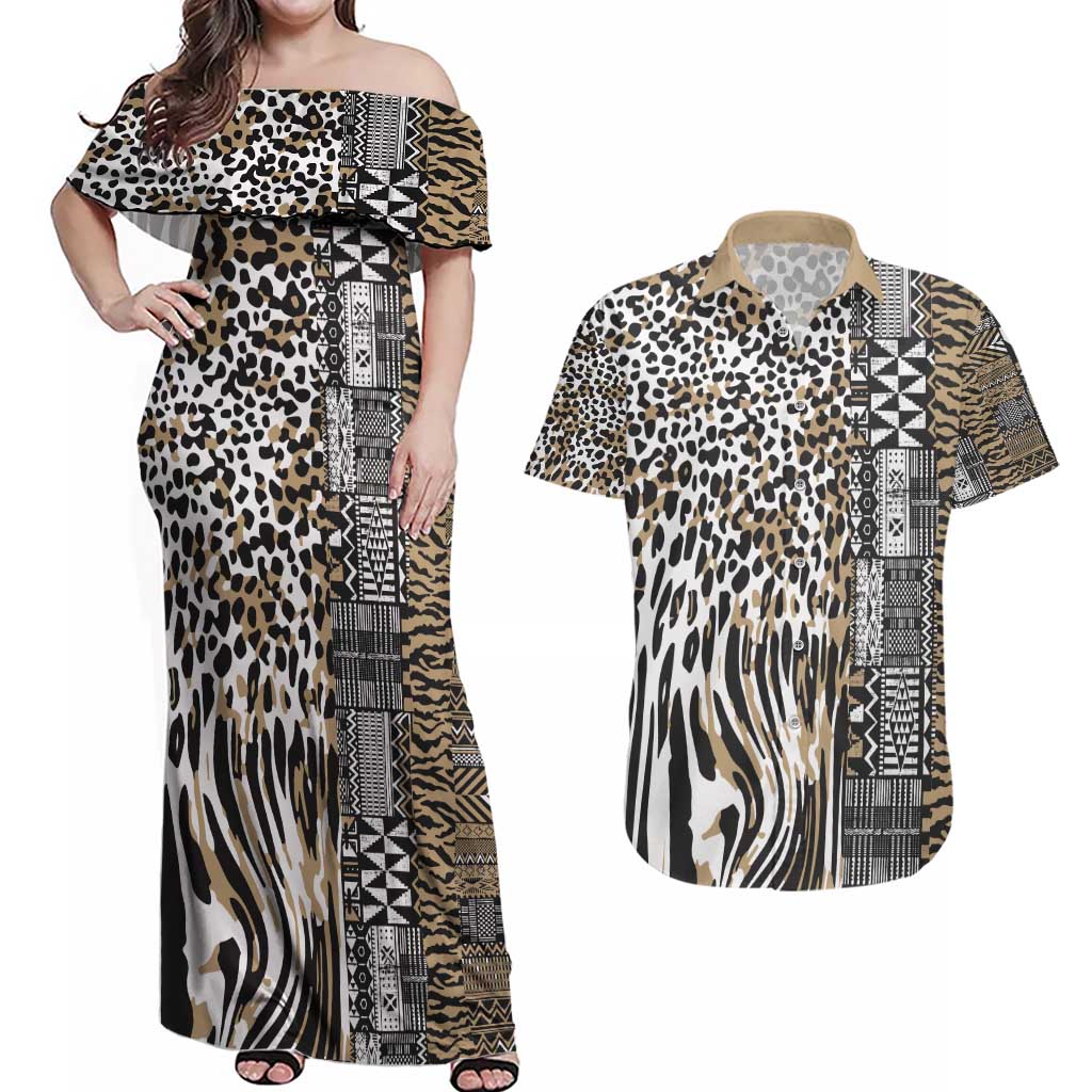 Africa Tribal Pattern Mixed Leopard Skin Couples Matching Off Shoulder Maxi Dress and Hawaiian Shirt - Wonder Print Shop
