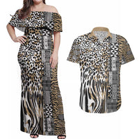 Africa Tribal Pattern Mixed Leopard Skin Couples Matching Off Shoulder Maxi Dress and Hawaiian Shirt - Wonder Print Shop
