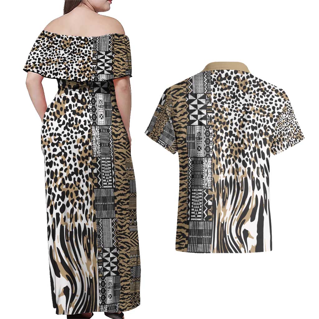 Africa Tribal Pattern Mixed Leopard Skin Couples Matching Off Shoulder Maxi Dress and Hawaiian Shirt - Wonder Print Shop