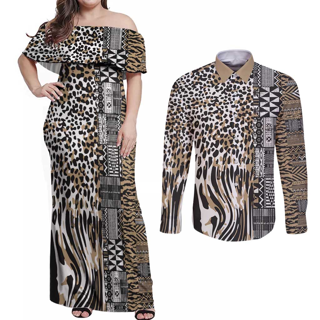 Africa Tribal Pattern Mixed Leopard Skin Couples Matching Off Shoulder Maxi Dress and Long Sleeve Button Shirt - Wonder Print Shop