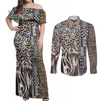 Africa Tribal Pattern Mixed Leopard Skin Couples Matching Off Shoulder Maxi Dress and Long Sleeve Button Shirt - Wonder Print Shop