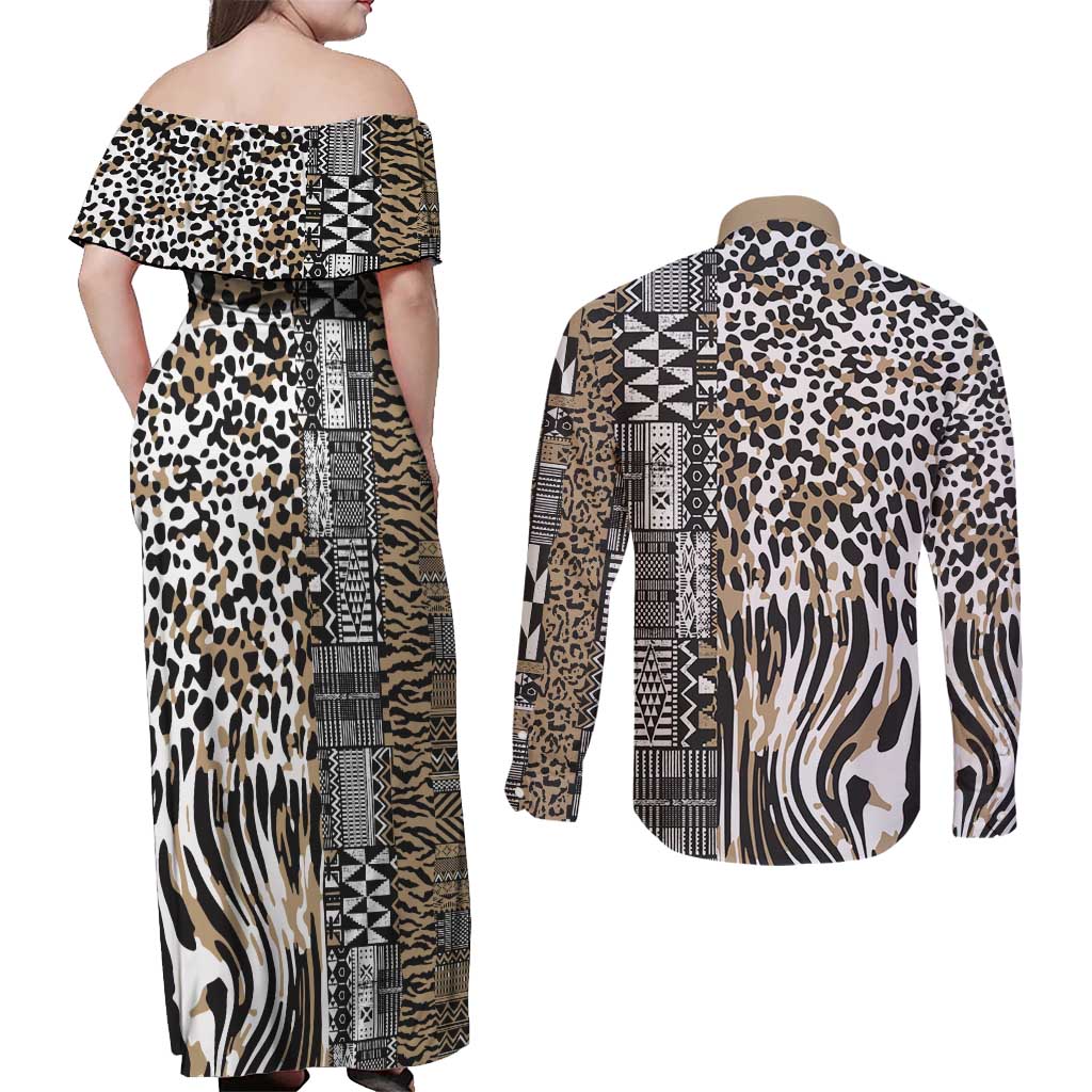 Africa Tribal Pattern Mixed Leopard Skin Couples Matching Off Shoulder Maxi Dress and Long Sleeve Button Shirt - Wonder Print Shop