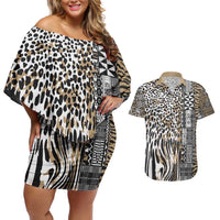Africa Tribal Pattern Mixed Leopard Skin Couples Matching Off Shoulder Short Dress and Hawaiian Shirt - Wonder Print Shop