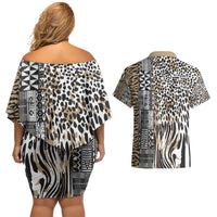 Africa Tribal Pattern Mixed Leopard Skin Couples Matching Off Shoulder Short Dress and Hawaiian Shirt - Wonder Print Shop