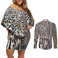Africa Tribal Pattern Mixed Leopard Skin Couples Matching Off Shoulder Short Dress and Long Sleeve Button Shirt - Wonder Print Shop