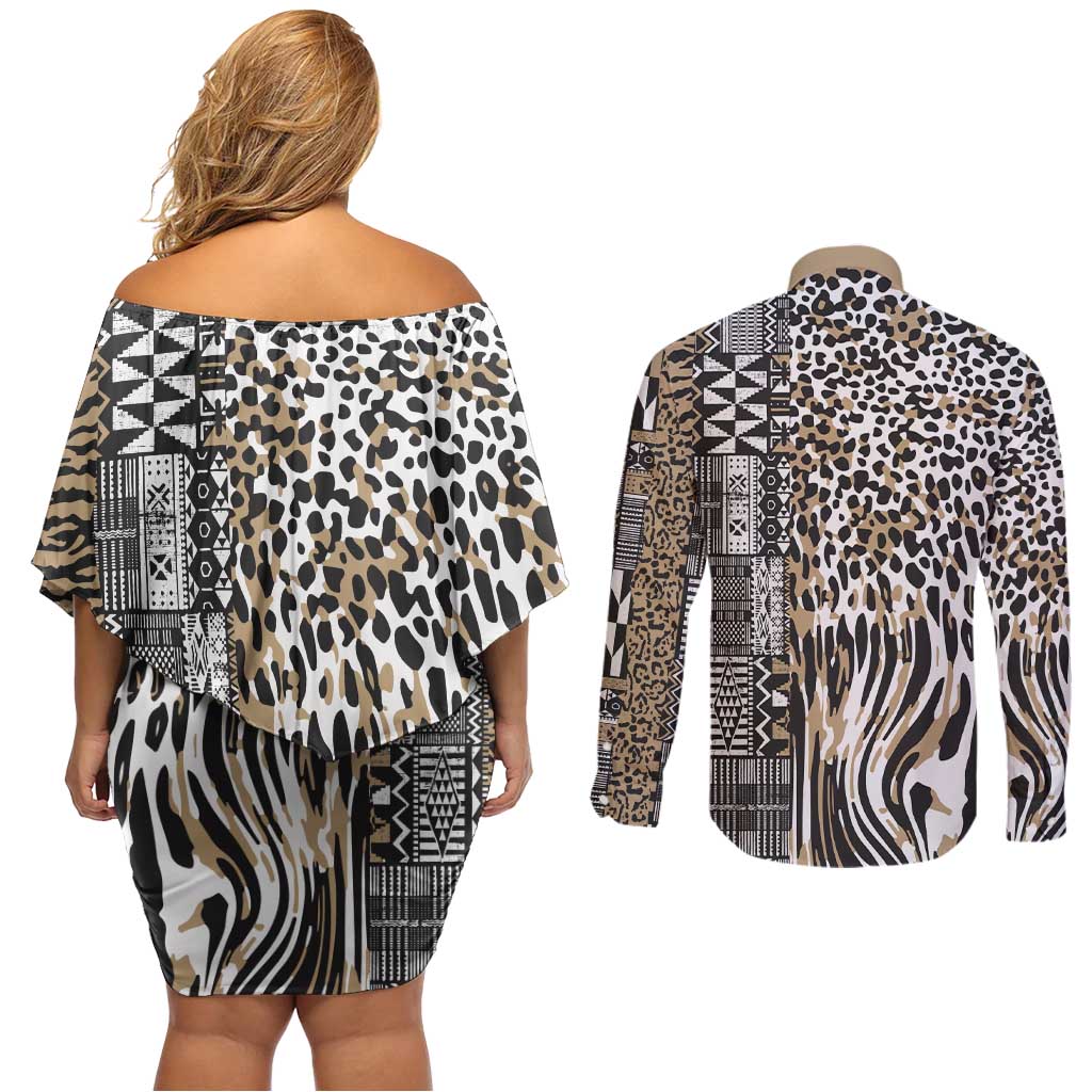 Africa Tribal Pattern Mixed Leopard Skin Couples Matching Off Shoulder Short Dress and Long Sleeve Button Shirt - Wonder Print Shop