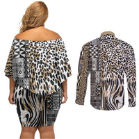 Africa Tribal Pattern Mixed Leopard Skin Couples Matching Off Shoulder Short Dress and Long Sleeve Button Shirt - Wonder Print Shop
