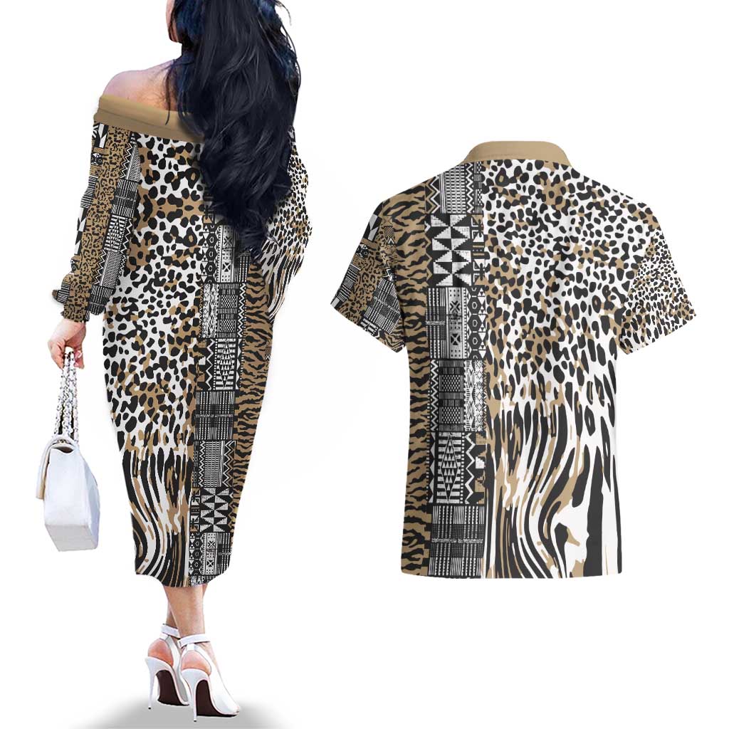 Africa Tribal Pattern Mixed Leopard Skin Couples Matching Off The Shoulder Long Sleeve Dress and Hawaiian Shirt - Wonder Print Shop