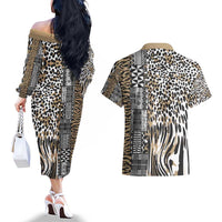 Africa Tribal Pattern Mixed Leopard Skin Couples Matching Off The Shoulder Long Sleeve Dress and Hawaiian Shirt - Wonder Print Shop