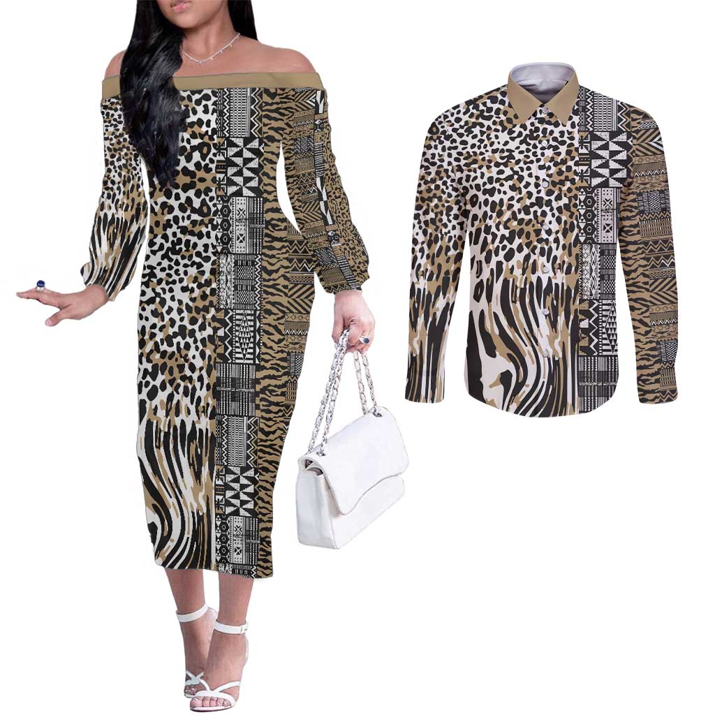 Africa Tribal Pattern Mixed Leopard Skin Couples Matching Off The Shoulder Long Sleeve Dress and Long Sleeve Button Shirt - Wonder Print Shop