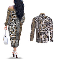 Africa Tribal Pattern Mixed Leopard Skin Couples Matching Off The Shoulder Long Sleeve Dress and Long Sleeve Button Shirt - Wonder Print Shop