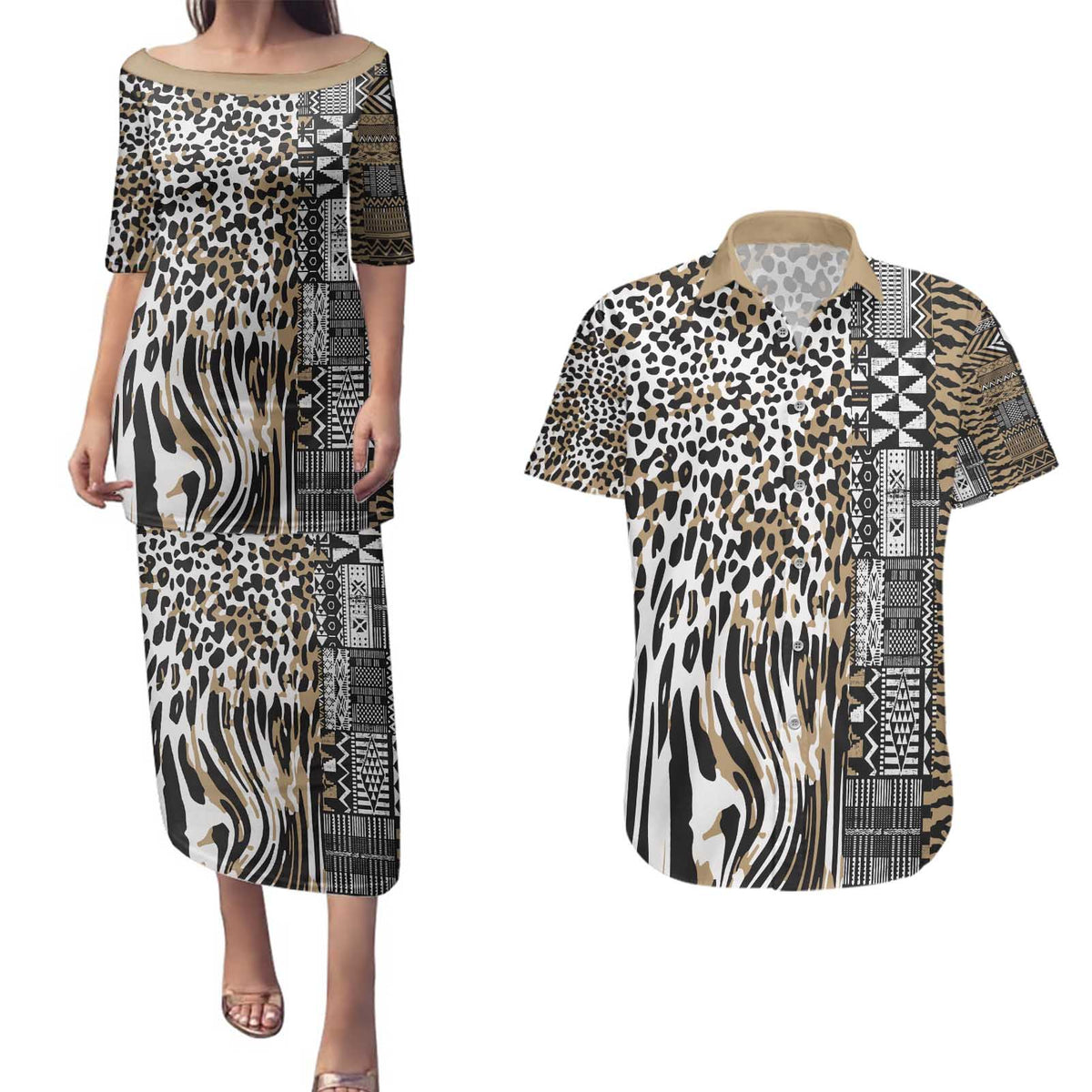 Africa Tribal Pattern Mixed Leopard Skin Couples Matching Puletasi and Hawaiian Shirt - Wonder Print Shop