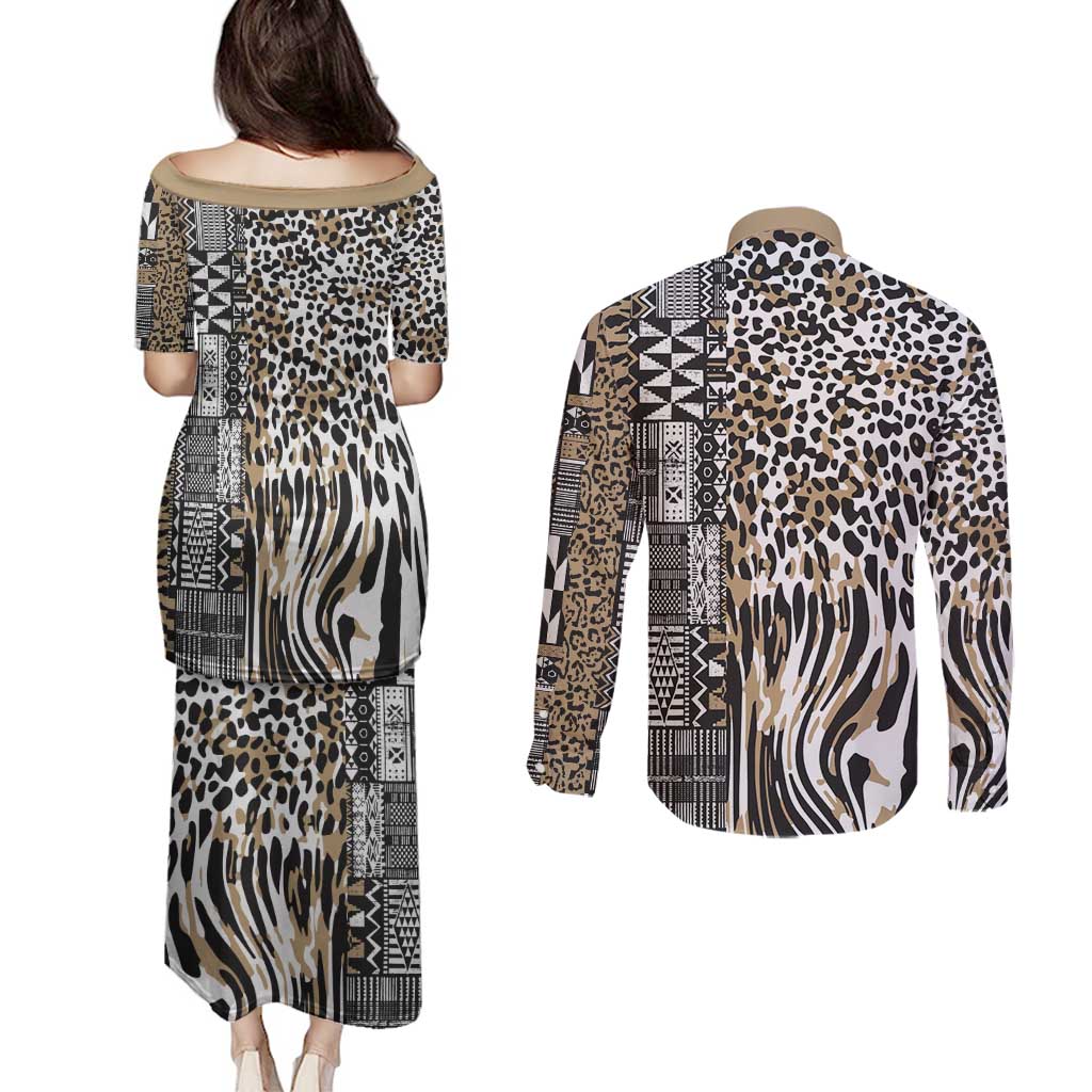 Africa Tribal Pattern Mixed Leopard Skin Couples Matching Puletasi and Long Sleeve Button Shirt - Wonder Print Shop