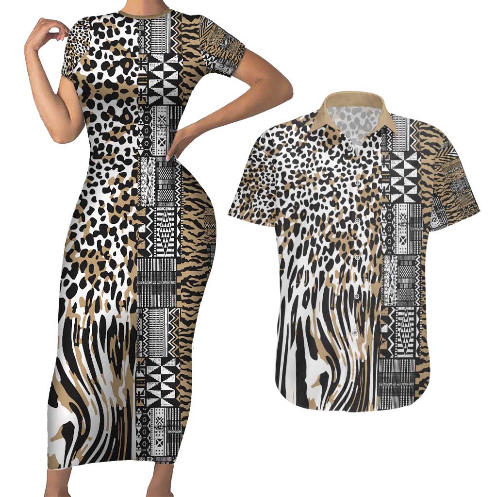 Africa Tribal Pattern Mixed Leopard Skin Couples Matching Short Sleeve Bodycon Dress and Hawaiian Shirt - Wonder Print Shop