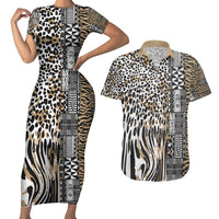 Africa Tribal Pattern Mixed Leopard Skin Couples Matching Short Sleeve Bodycon Dress and Hawaiian Shirt - Wonder Print Shop