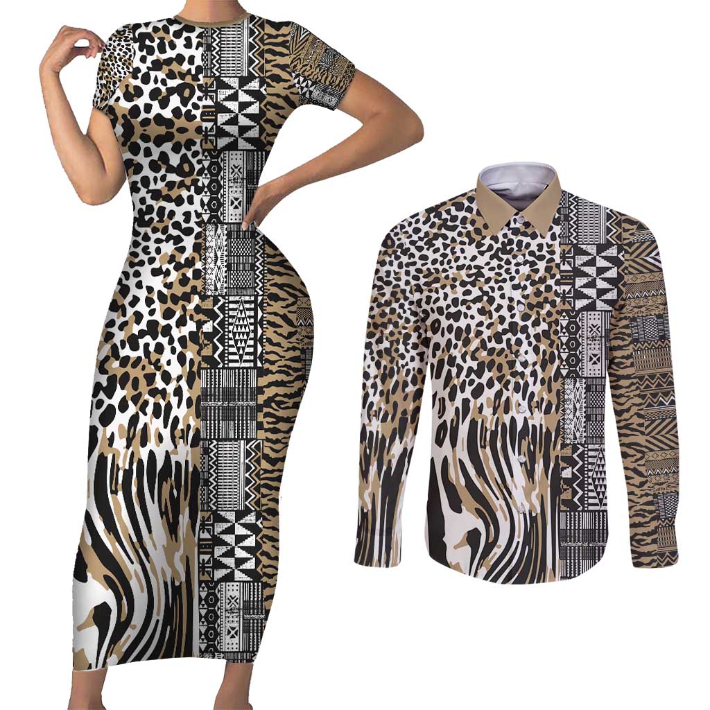 Africa Tribal Pattern Mixed Leopard Skin Couples Matching Short Sleeve Bodycon Dress and Long Sleeve Button Shirt - Wonder Print Shop