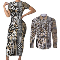 Africa Tribal Pattern Mixed Leopard Skin Couples Matching Short Sleeve Bodycon Dress and Long Sleeve Button Shirt - Wonder Print Shop