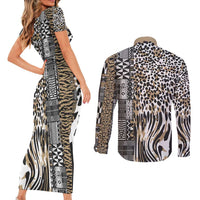 Africa Tribal Pattern Mixed Leopard Skin Couples Matching Short Sleeve Bodycon Dress and Long Sleeve Button Shirt - Wonder Print Shop