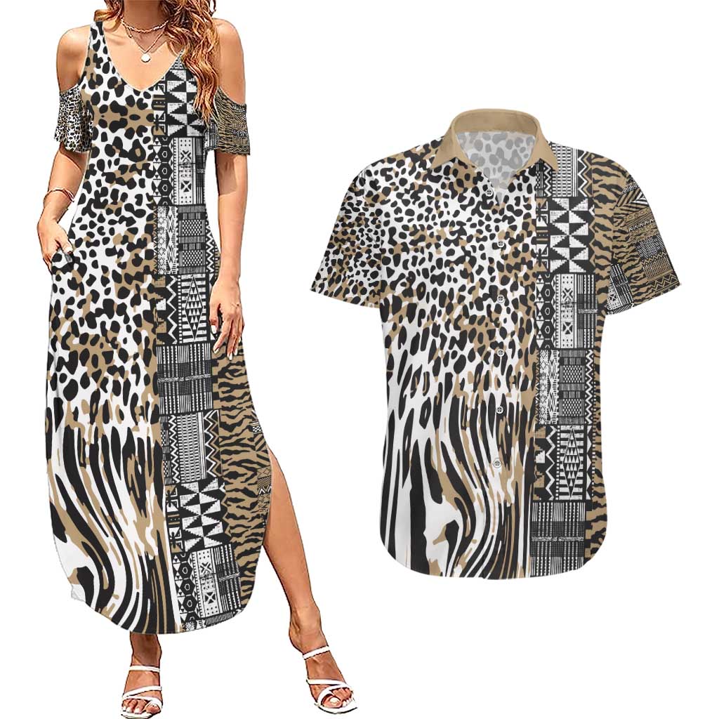 Africa Tribal Pattern Mixed Leopard Skin Couples Matching Summer Maxi Dress and Hawaiian Shirt - Wonder Print Shop