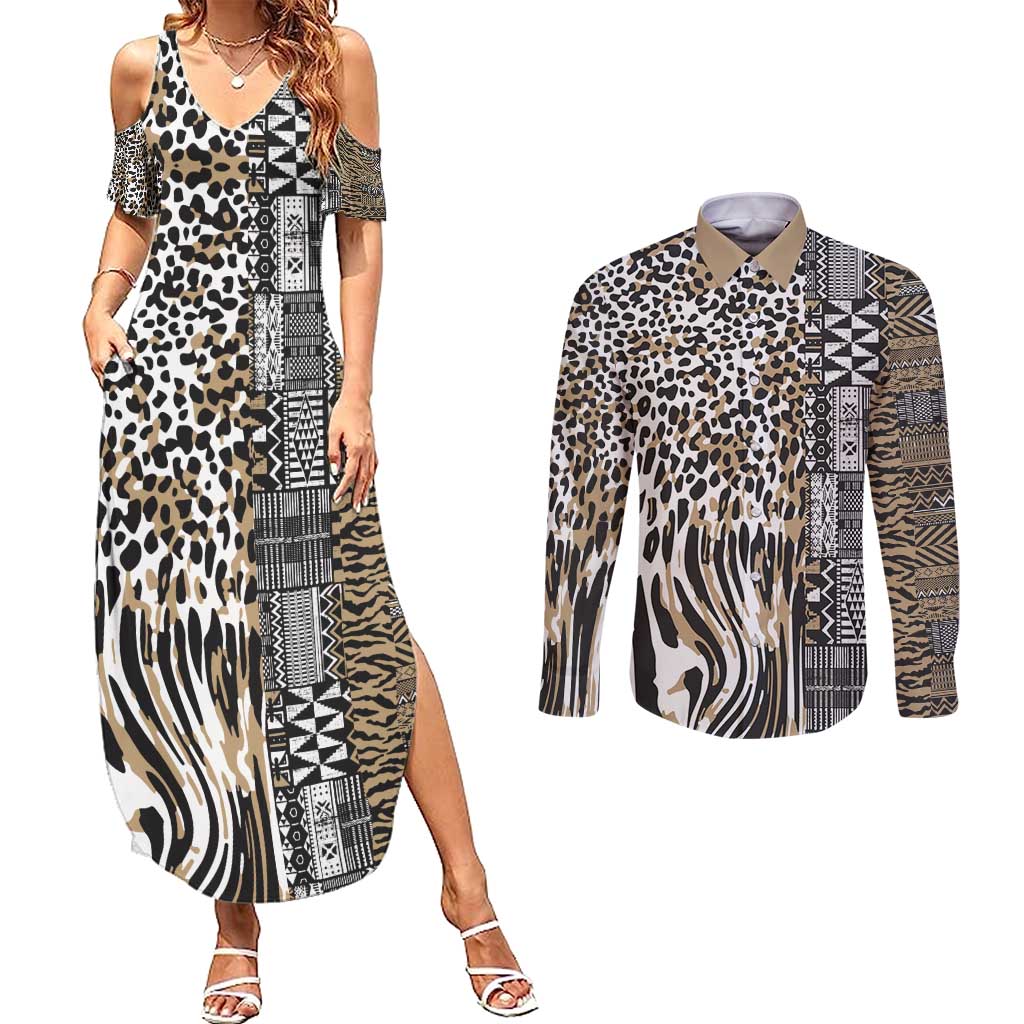 Africa Tribal Pattern Mixed Leopard Skin Couples Matching Summer Maxi Dress and Long Sleeve Button Shirt - Wonder Print Shop