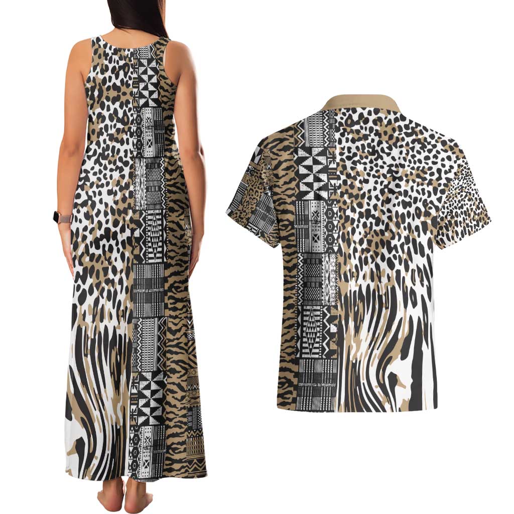 Africa Tribal Pattern Mixed Leopard Skin Couples Matching Tank Maxi Dress and Hawaiian Shirt - Wonder Print Shop