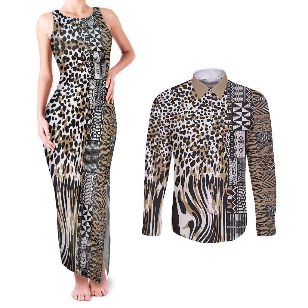 Africa Tribal Pattern Mixed Leopard Skin Couples Matching Tank Maxi Dress and Long Sleeve Button Shirt - Wonder Print Shop