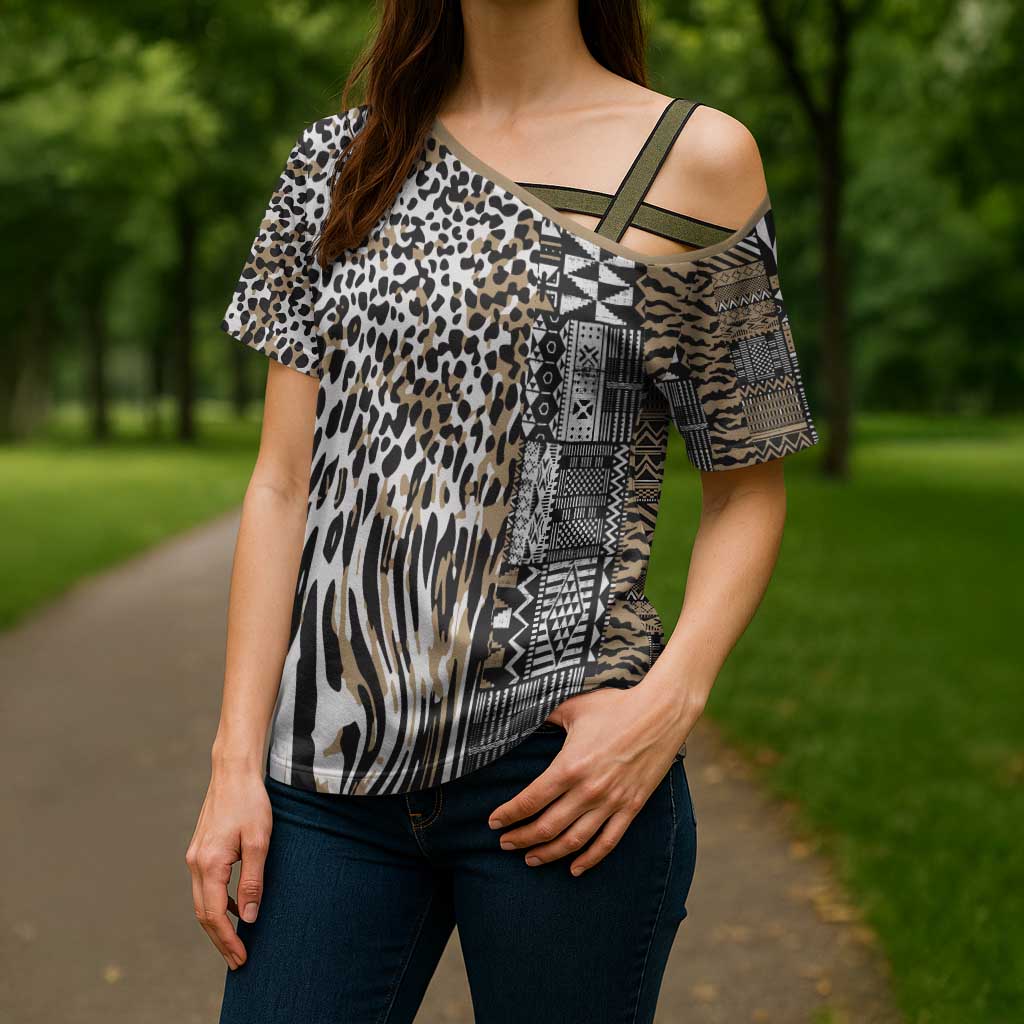 Africa Tribal Pattern Mixed Leopard Skin Cross Shoulder Shirt - Wonder Print Shop