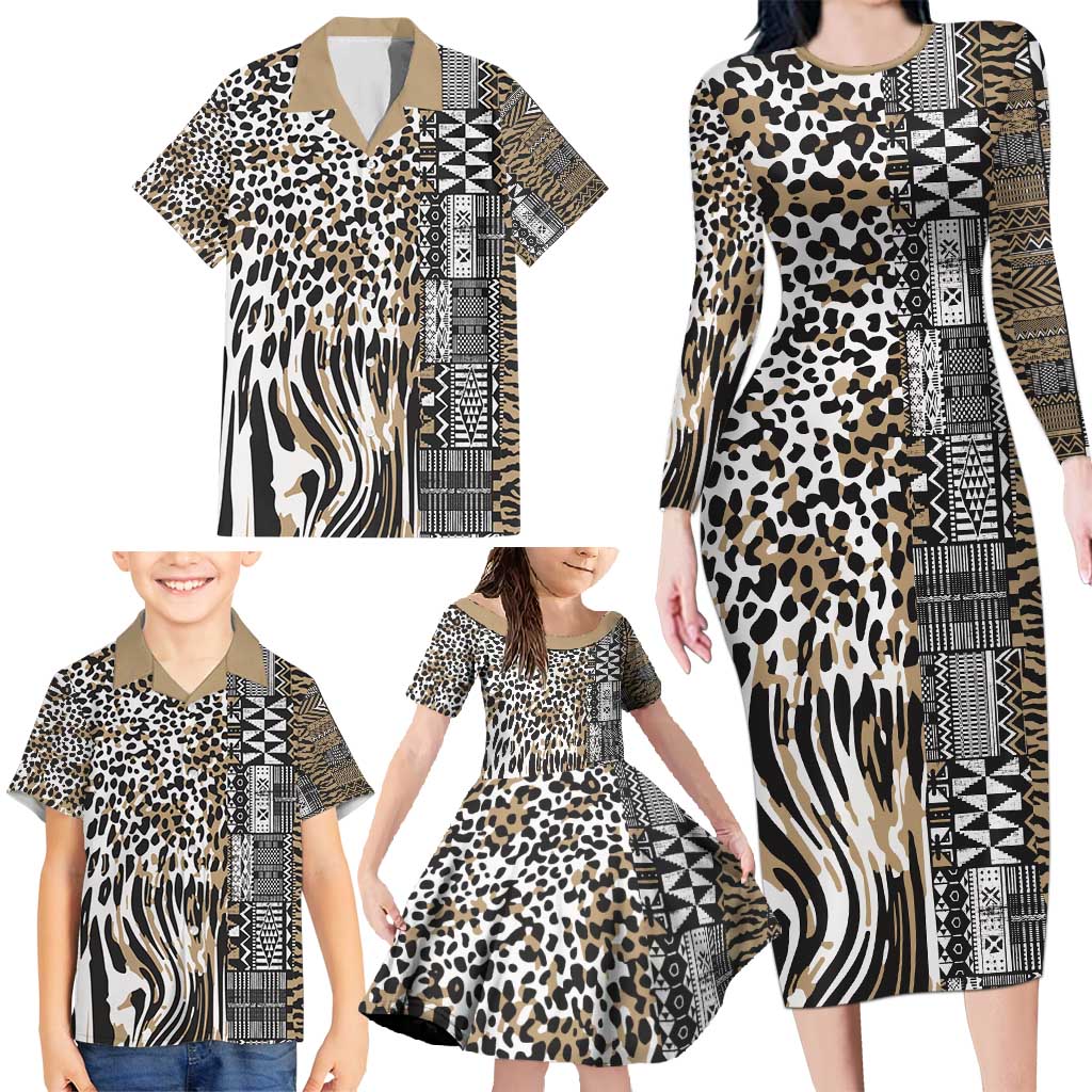 Africa Tribal Pattern Mixed Leopard Skin Family Matching Long Sleeve Bodycon Dress and Hawaiian Shirt - Wonder Print Shop