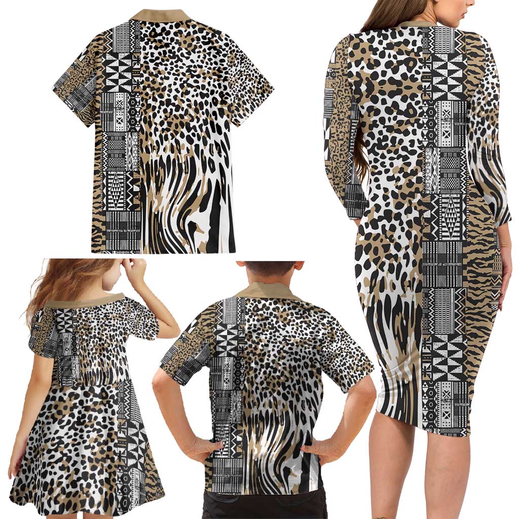 Africa Tribal Pattern Mixed Leopard Skin Family Matching Long Sleeve Bodycon Dress and Hawaiian Shirt - Wonder Print Shop