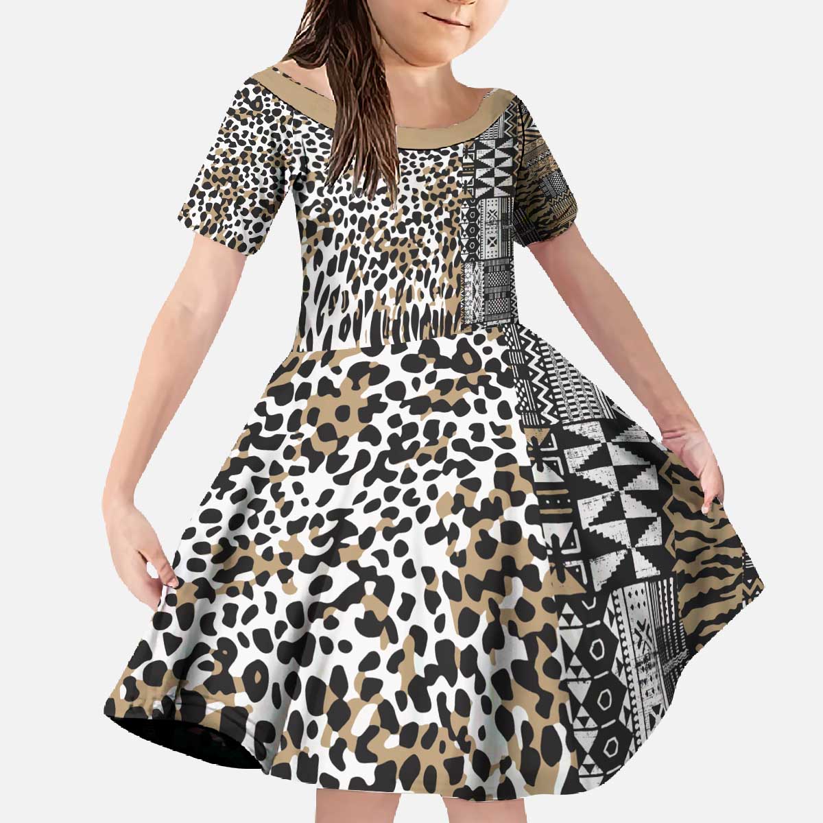 Africa Tribal Pattern Mixed Leopard Skin Family Matching Off The Shoulder Long Sleeve Dress and Hawaiian Shirt - Wonder Print Shop