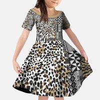 Africa Tribal Pattern Mixed Leopard Skin Family Matching Off The Shoulder Long Sleeve Dress and Hawaiian Shirt - Wonder Print Shop